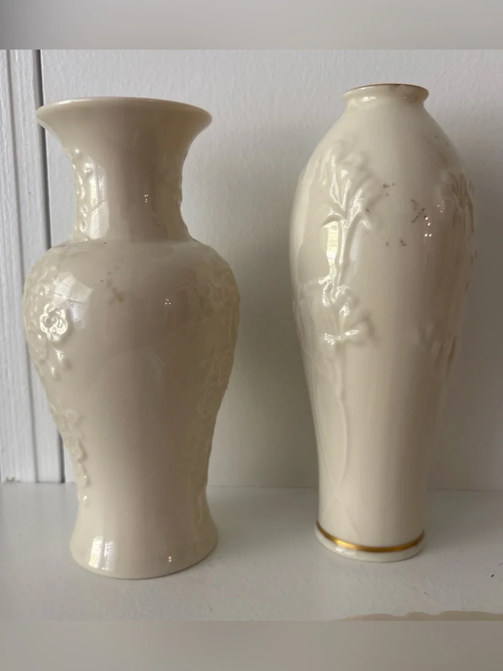 Lenox Cream Ceramic Floral Relief Vase Set with Gold Trim Accent
